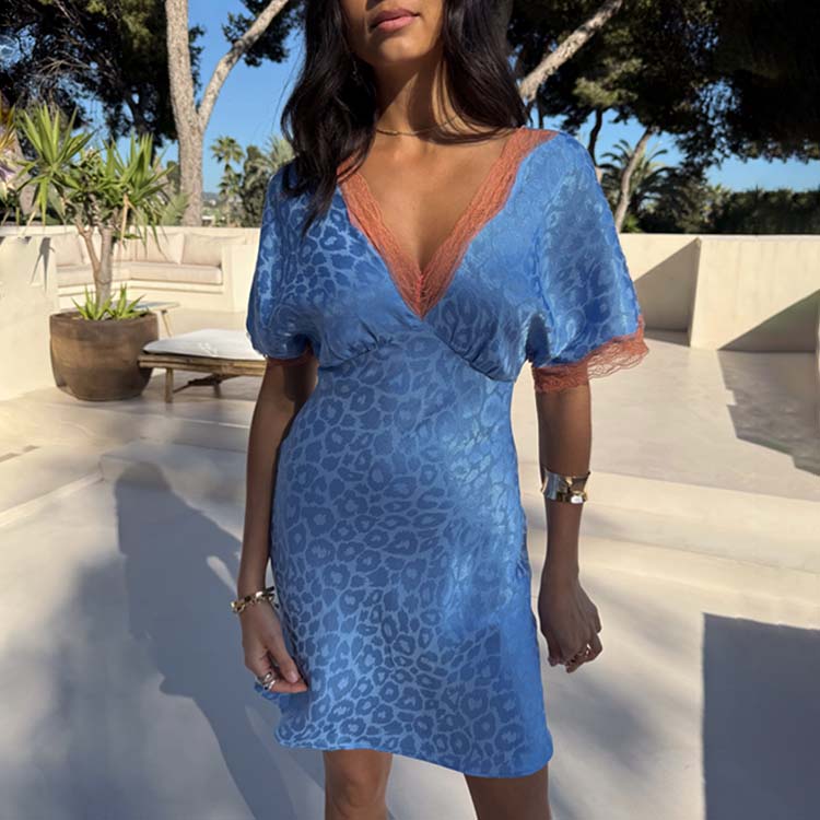 Blue Jacquard Mini Dress with Lace Detailing - Petite Size