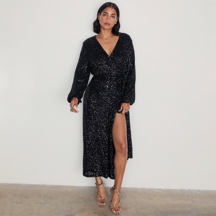 Black Sequin Wrap Dress for Women - Petite & Adjustable