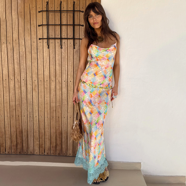 Check Sun Patti Dress with Hand-Painted Motifs & Adjustable Straps