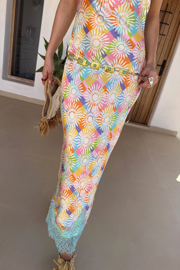 Check Sun Patti Dress with Hand-Painted Motifs & Adjustable Straps