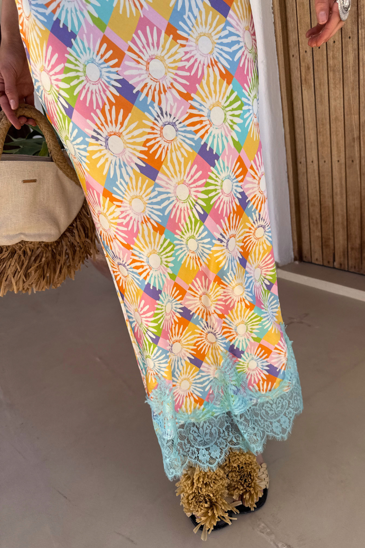 Check Sun Patti Dress with Hand-Painted Motifs & Adjustable Straps