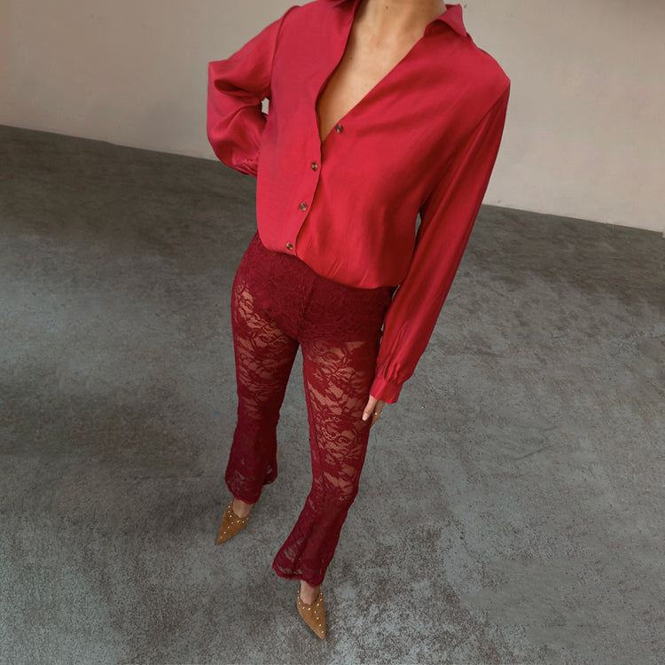 Burgundy Lace Pants for Women Petite with Elastic Waist & Slip Shorts