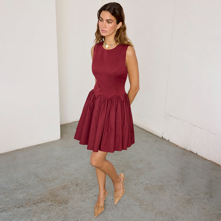 Burgundy Corset Mini Dress with Pleated Skirt – Monika Petite
