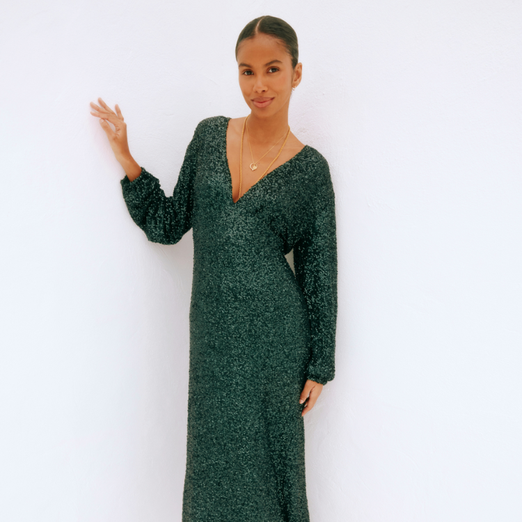 Emerald Sequin Dress with Adjustable Waist & Sleeves
