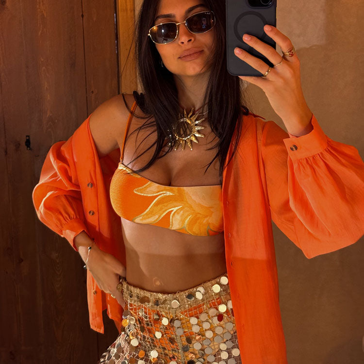 Orange Gold Foil Sun Print Bikini Top - Adjustable & Removable Straps
