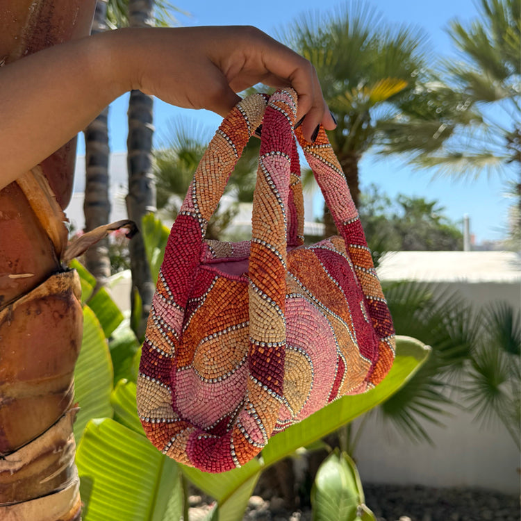 Pink Beaded Cotton Handbag with Silver Embellishments