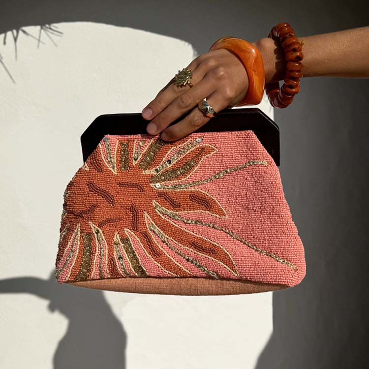 Handcrafted Pink Sol Beaded Raffia Clutch Bag