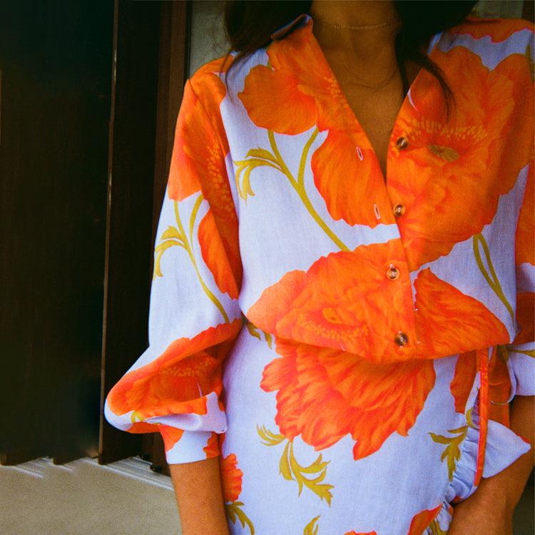 Blue Poppy Print Miley Blouse Shirt – Luxe Lyocell & Tortoise Buttons