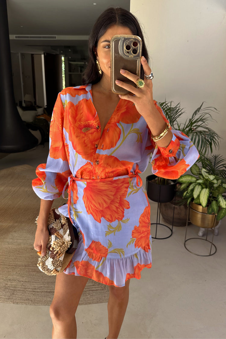Blue Poppy Print Miley Blouse Shirt – Luxe Lyocell & Tortoise Buttons