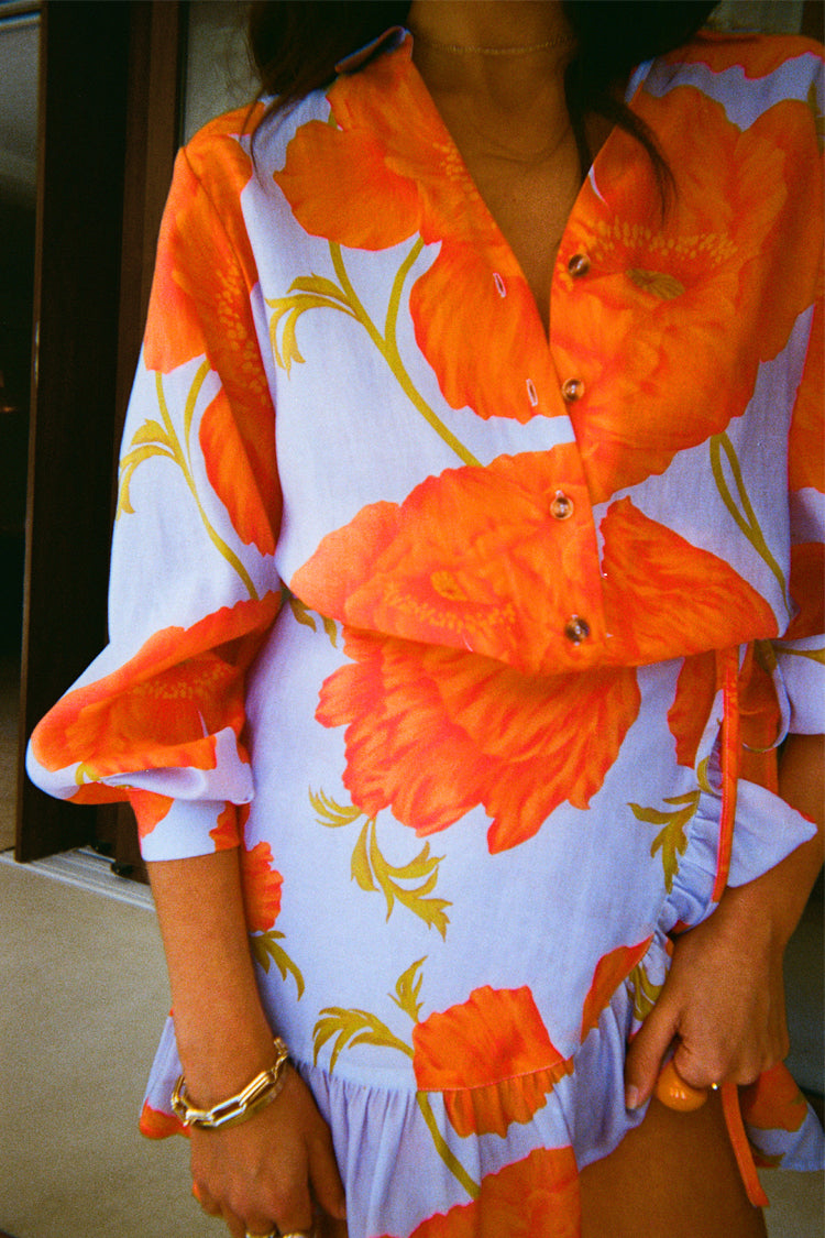 Blue Poppy Print Miley Blouse Shirt – Luxe Lyocell & Tortoise Buttons