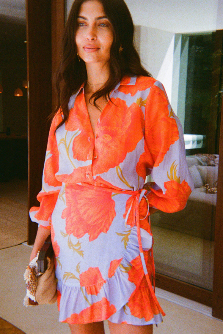 Blue Poppy Print Miley Blouse Shirt – Luxe Lyocell & Tortoise Buttons