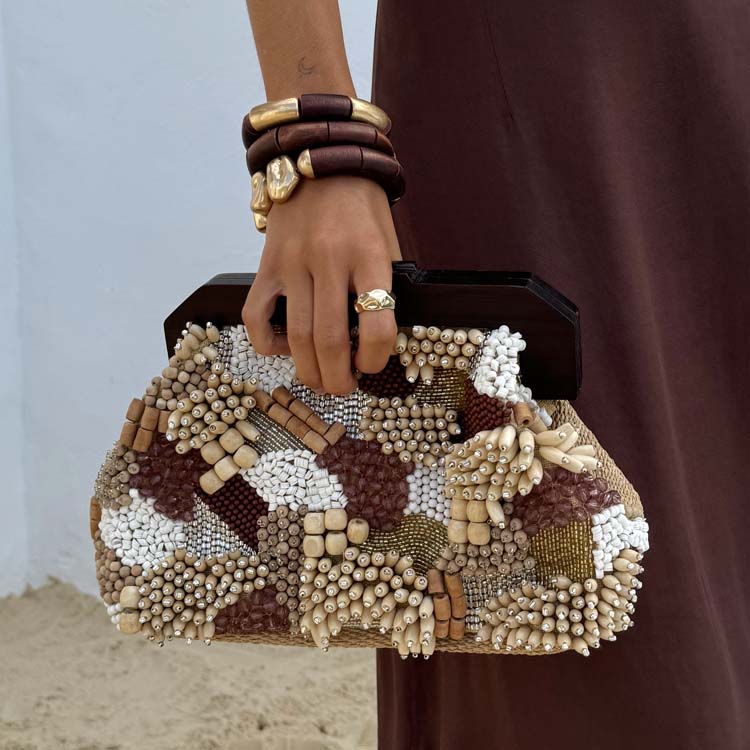 Handcrafted Brown Beaded Clutch Bag for Women - Cotton Raffia