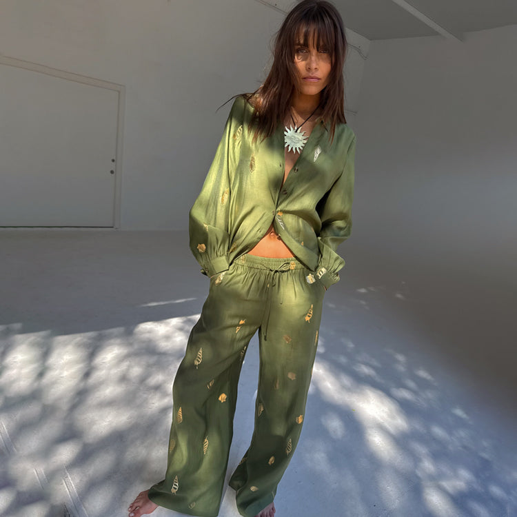 Khaki Cotton Linen Wide Leg Trousers with Elastic Waist