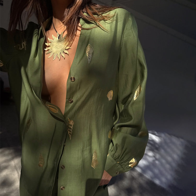 Khaki Shell Print Maternity Shirt - Breastfeeding Friendly