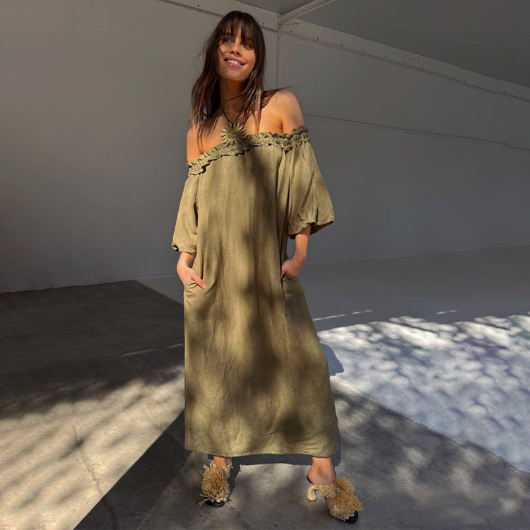 Khaki Green Linen Maternity Dress with Pockets – Ella
