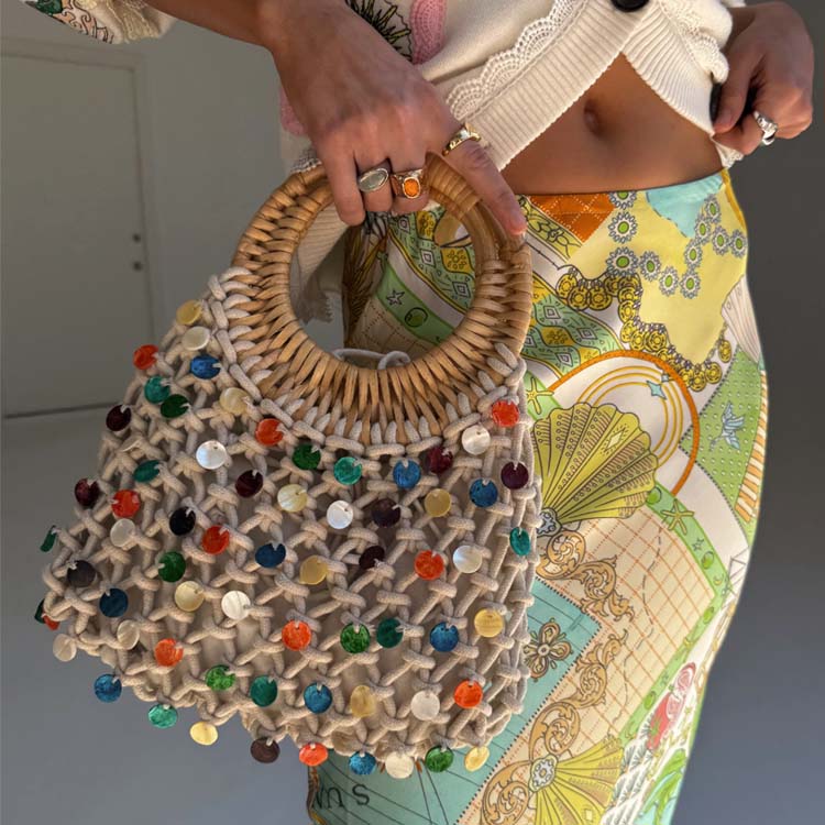Handmade Shell Macrame Beach Bag with Wooden Handle