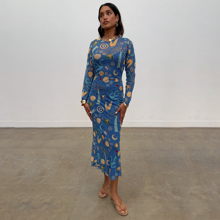 Azura Charms Blue Mesh Dress with Slip - Sheer Pull-On Maxi Dress