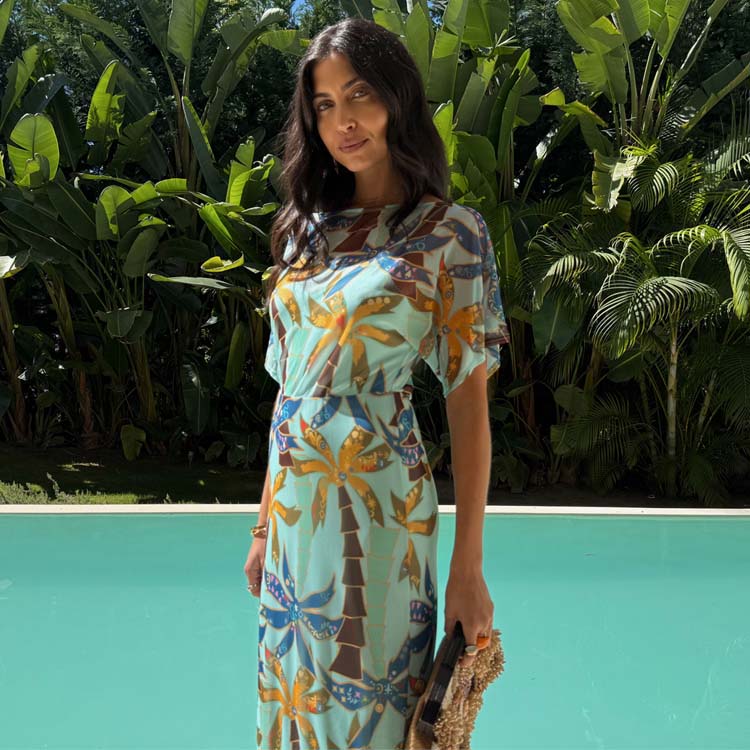 Azura Palms Off Shoulder Mesh Dress with Elastic Waist