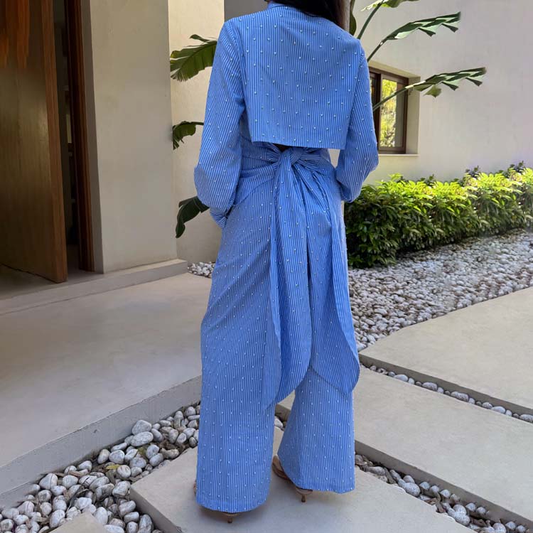 Blue Striped Tie Back Shirt with Stud Embellishment - Cotton Summer Top