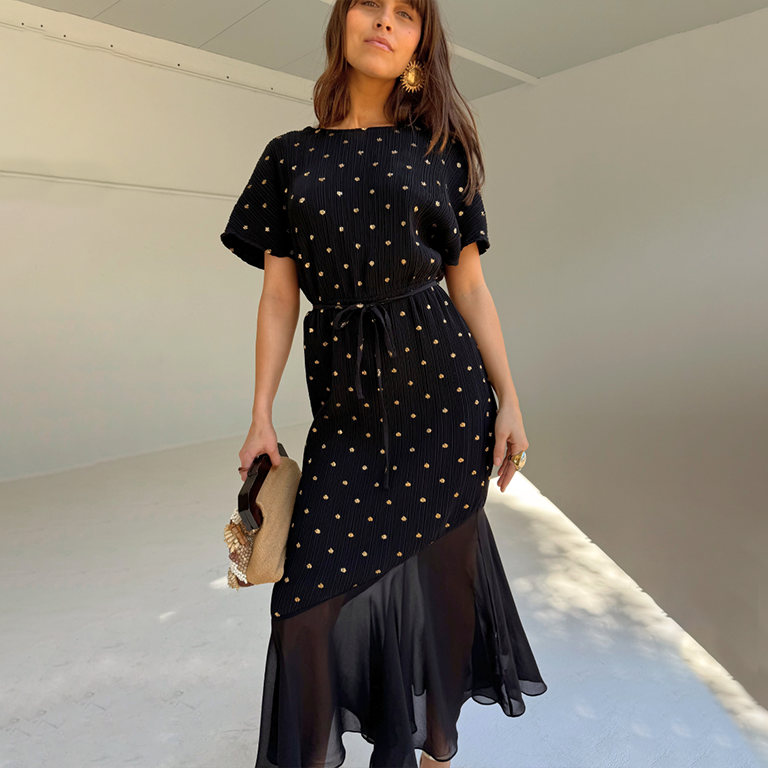 Black Plisse Fifi Dress with V-Neck & Asymmetric Hem