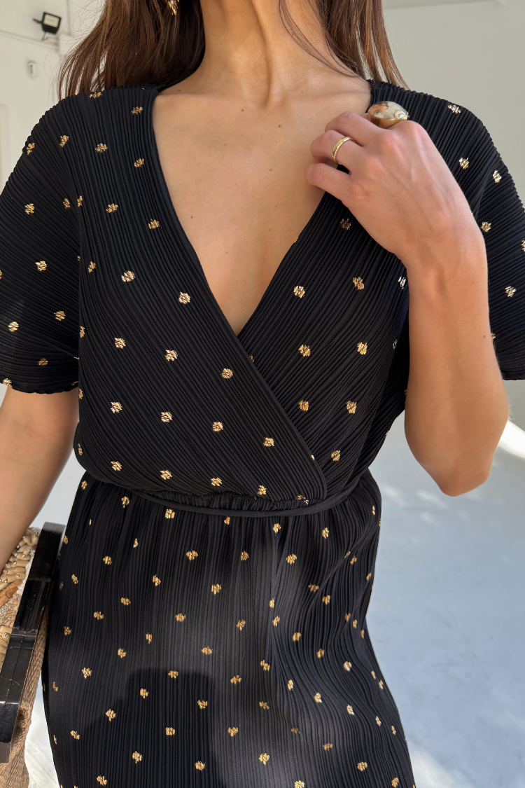 Black Plisse Fifi Dress with V-Neck & Asymmetric Hem