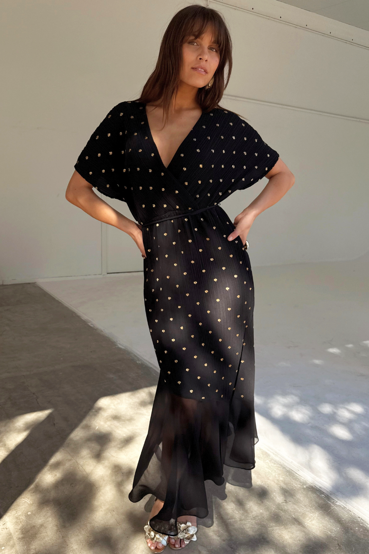 Black Plisse Fifi Dress with V-Neck & Asymmetric Hem