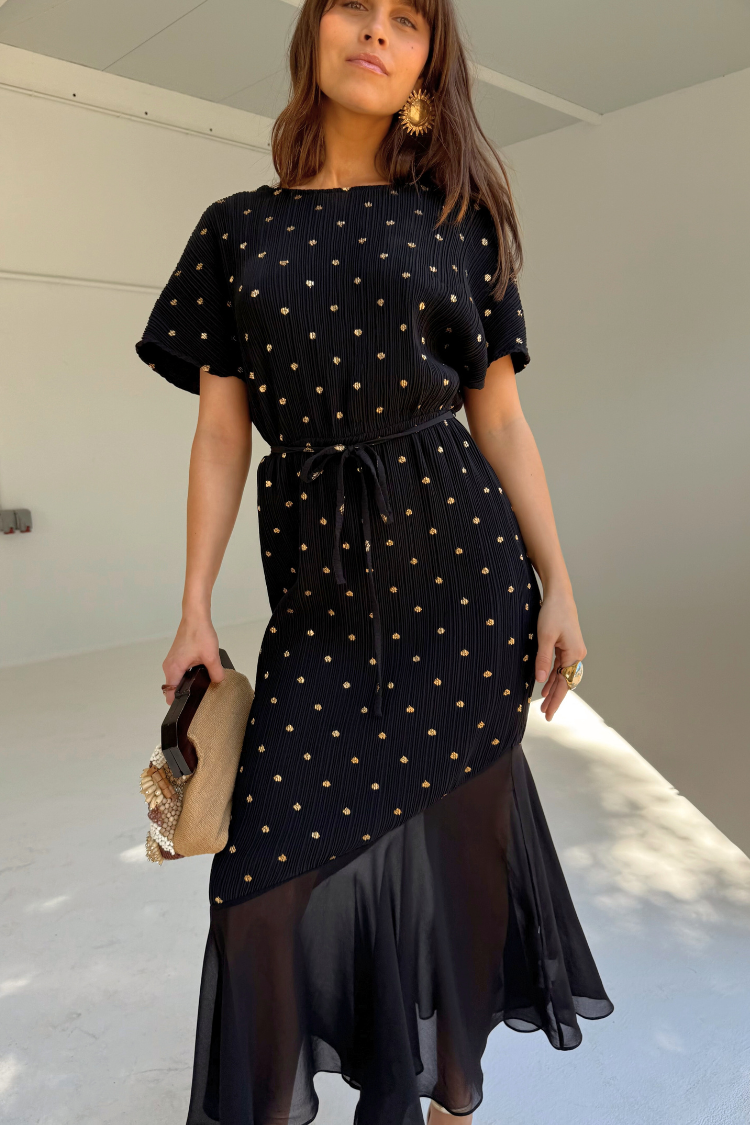 Black Plisse Fifi Dress with V-Neck & Asymmetric Hem