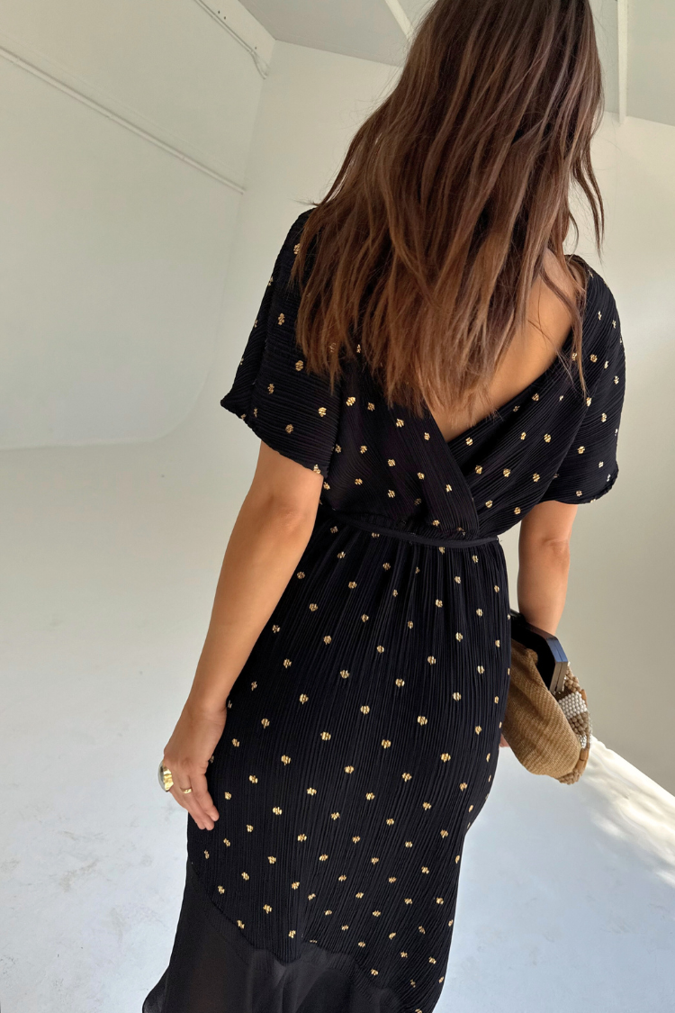 Black Plisse Fifi Dress with V-Neck & Asymmetric Hem