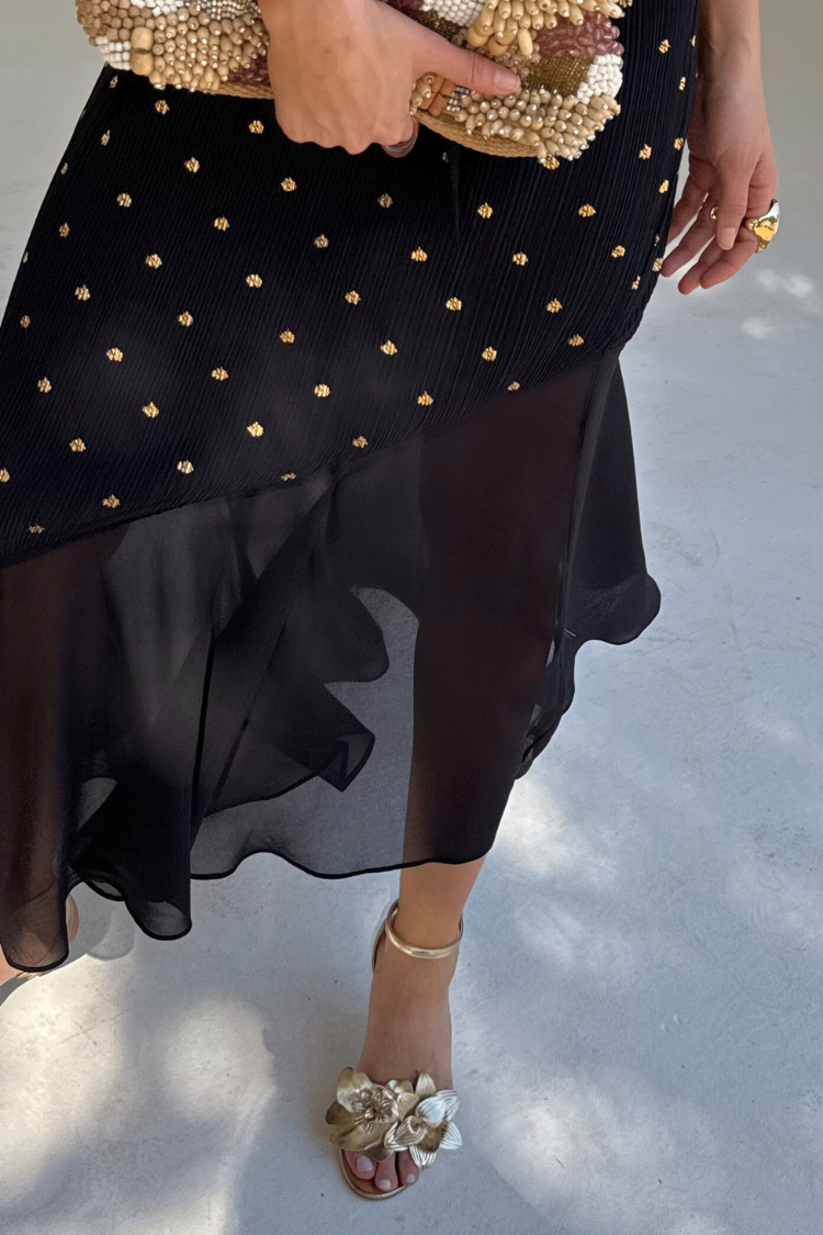 Black Plisse Fifi Dress with V-Neck & Asymmetric Hem