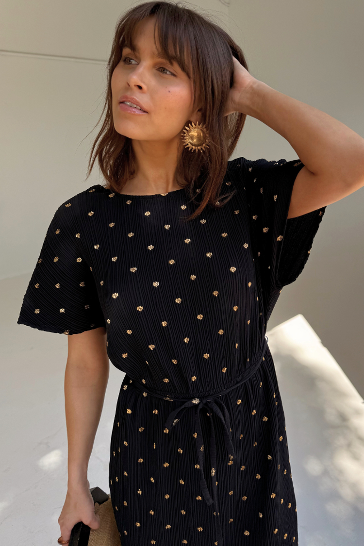 Black Plisse Fifi Dress with V-Neck & Asymmetric Hem