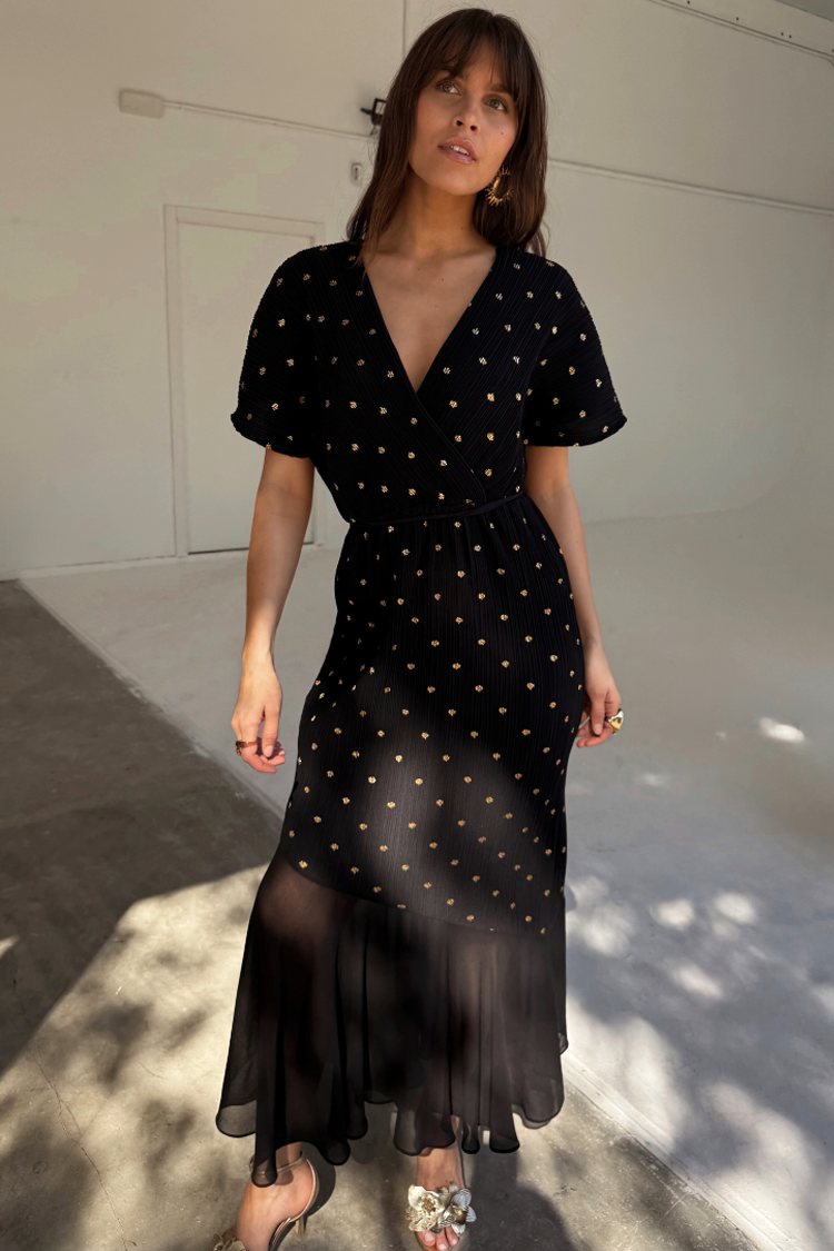 Black Plisse Fifi Dress with V-Neck & Asymmetric Hem