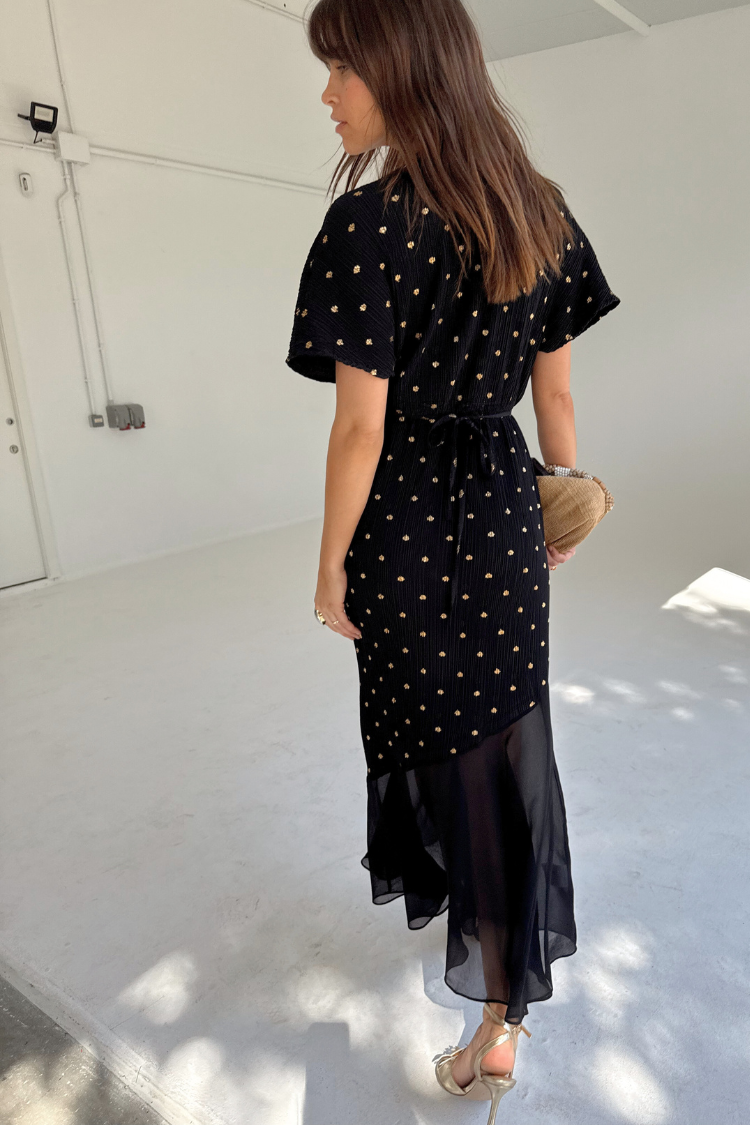 Black Plisse Fifi Dress with V-Neck & Asymmetric Hem