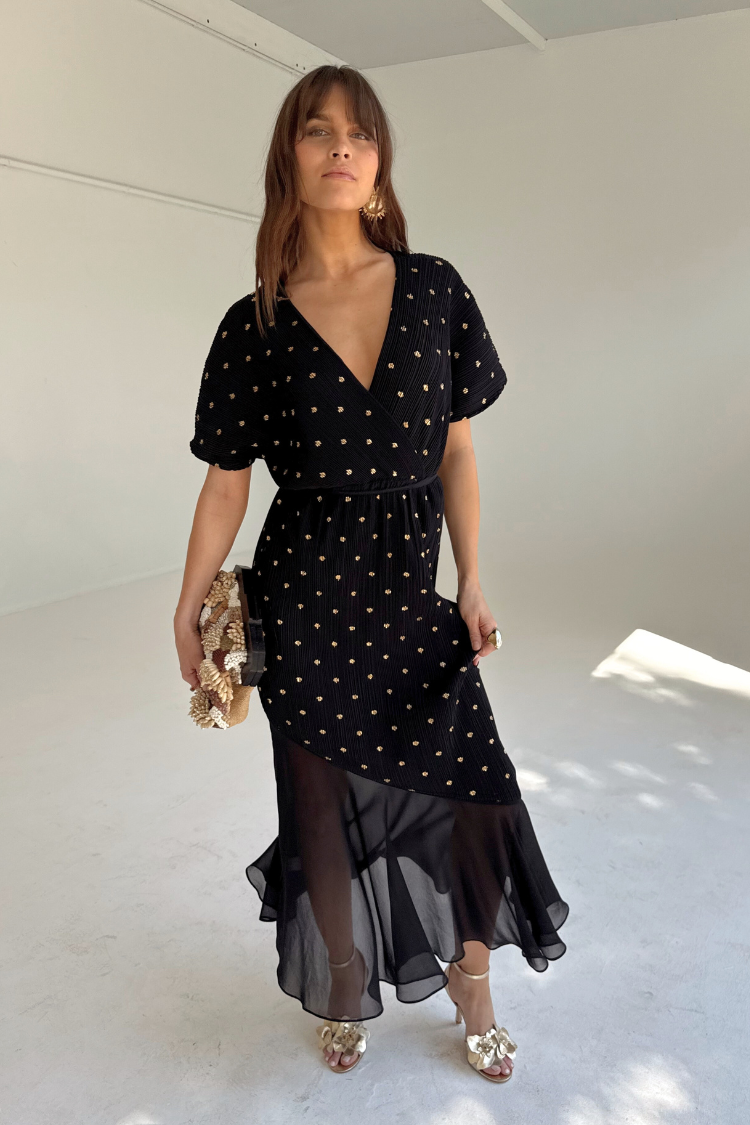 Black Plisse Fifi Dress with V-Neck & Asymmetric Hem